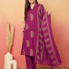Women Pink Cotton Printed V-neck Straight Kurta with Trouser & Dupatta