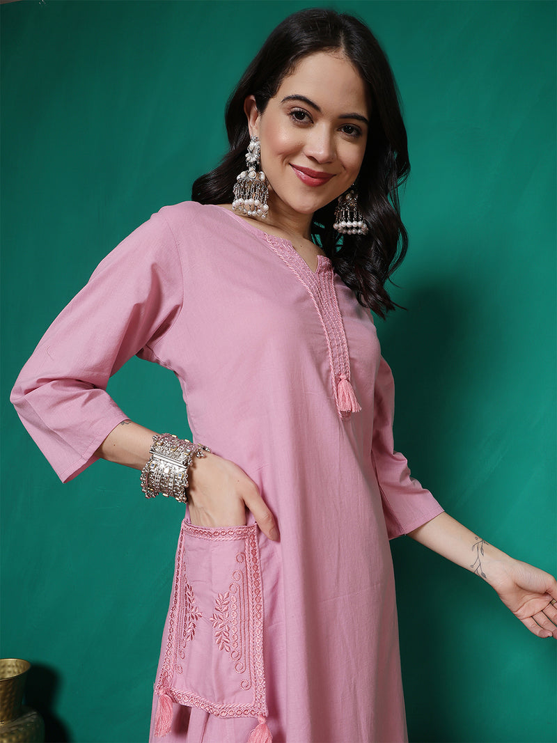 Women Lavender Cotton Flex Pocket Embroidery Kurta with Trouser Set