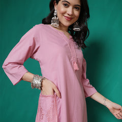 Women Lavender Cotton Flex Pocket Embroidery Kurta with Trouser Set