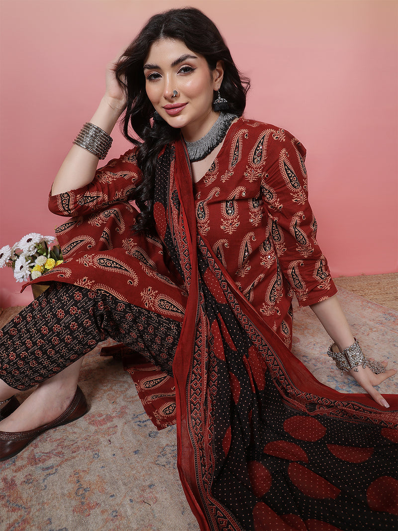 Women Black Block Printed Kurta with Trouser & Dupatta