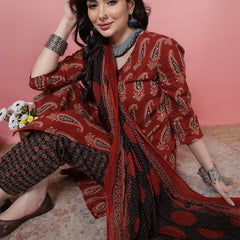 Women Black Block Printed Kurta with Trouser & Dupatta