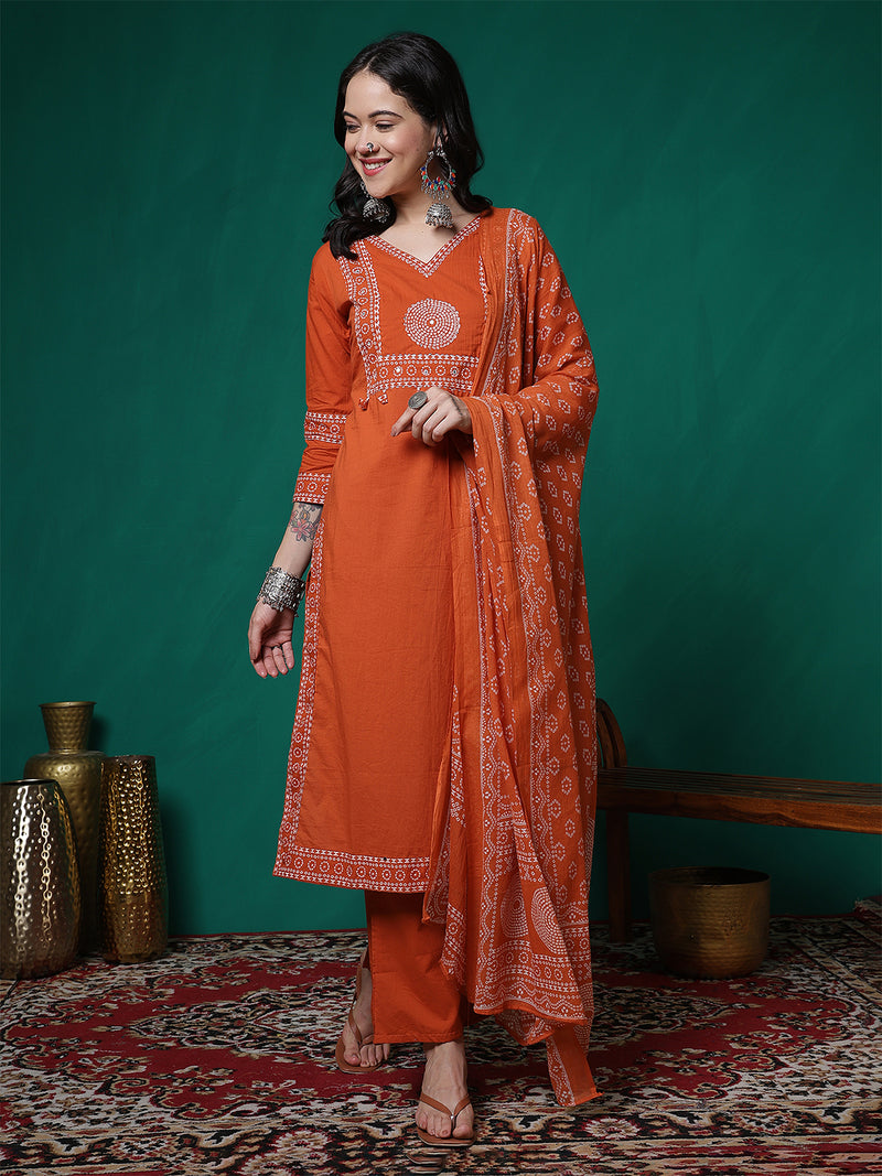 Women Cotton Bandhani Printed Kurta with Trouser & Dupatta