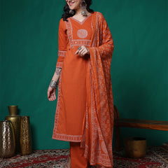 Women Cotton Bandhani Printed Kurta with Trouser & Dupatta