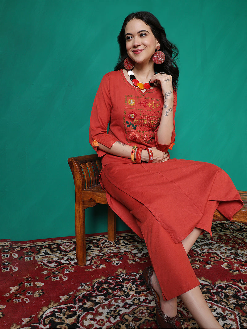 Women Lavender Cotton Flex Hand Work Kurta with Trouser Set