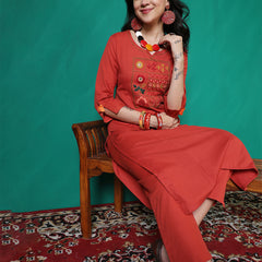 Women Lavender Cotton Flex Hand Work Kurta with Trouser Set