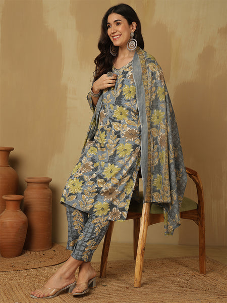 Women Viscose Rayon Blue Floral Printed Kurta with Trouser & Dupatta