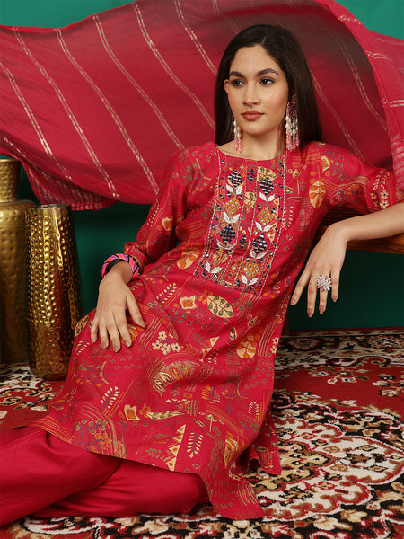 Women Red Yoke Embroidery Kurta with Trouser & Dupatta