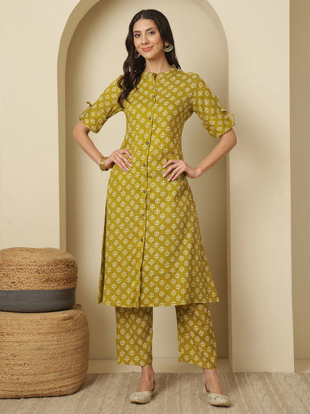 Women Mustard Katha A-line Kurta with Trouser