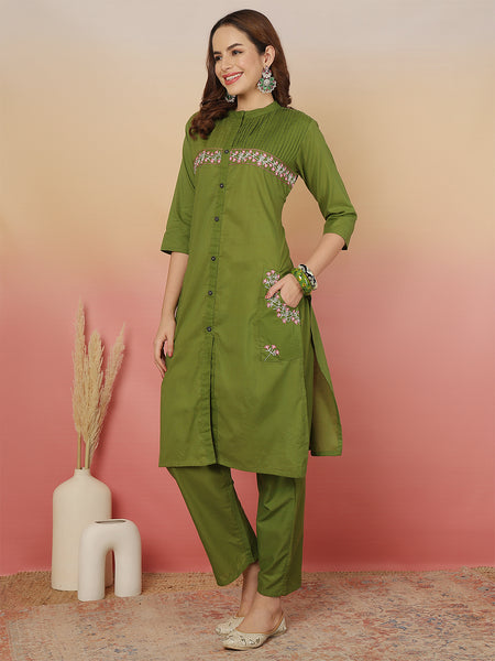 ANAISA Women Cotton, Yoke & Pocket Embroidery Kurta with Trouser