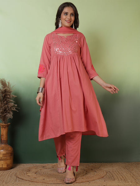 Women Peach Cotton Solid Mirror Work Kurta with Trouser & Dupatta