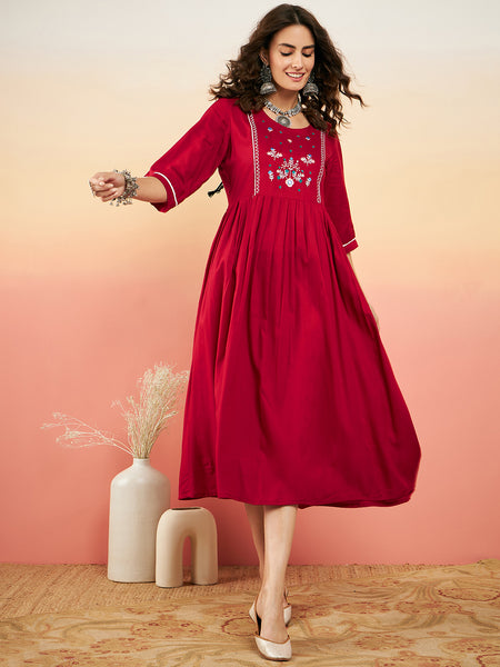 Women Red Yoke Deisgn A_Line Dress