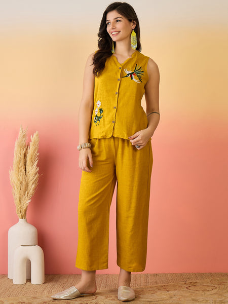 Women Cotton Mustard Embroidery Top With Trouser Co-ord Set