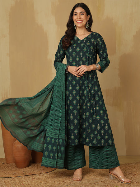 Women Green Block Printed A-line Kurta With Trouser & Dupatta