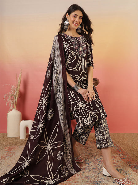 Women Abstract Printed Wine Kurta With Trouser & Dupatta