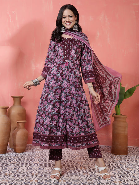 Women Blue Cotton Printed Anarkali Hand work Yoke with Trouser & Dupatta