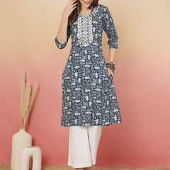 Women Grey Viscose Rayon Printed Regular Kurta