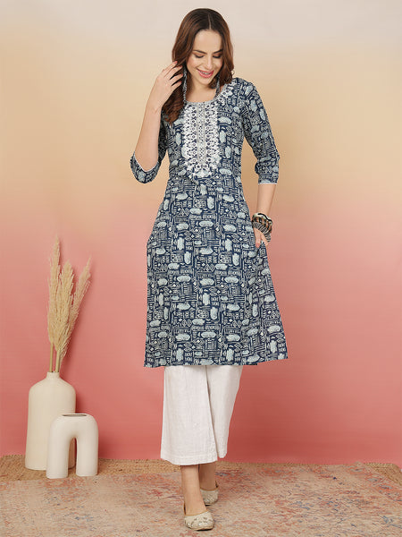 Women Grey Viscose Rayon Printed Regular Kurta