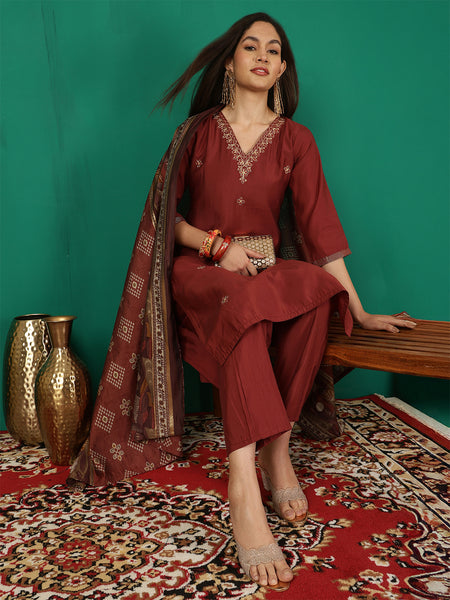 Women Maroon Silk Hand Work Yoke Solid Kurta with Trouser & Dupatta