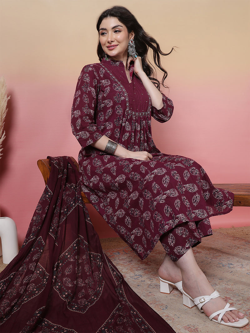 Women Green Floral Printed Hand Work Anarkali Kurta with Trouser & Dupatta