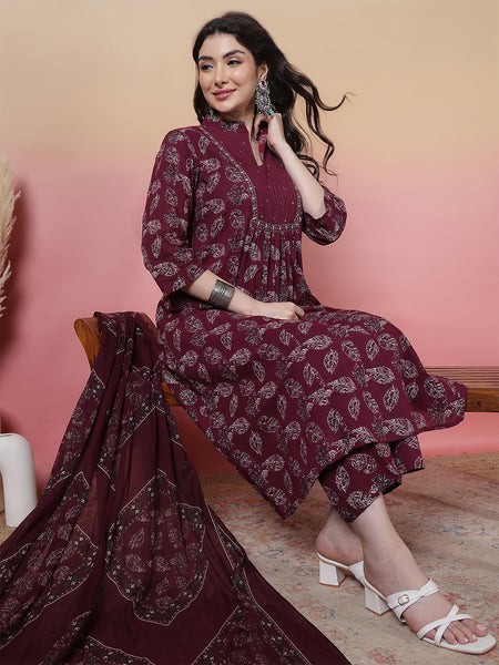 Women Green Floral Printed Hand Work Anarkali Kurta with Trouser & Dupatta