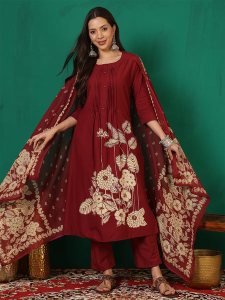 Women Cotton Discharge Printed A-line Kurta with Dupatta