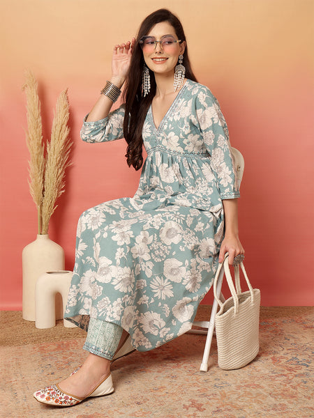 ANAISA Women Cotton Light Blue Floral Printed V-neck,Calf Length  Anarkali Kurta with Pant