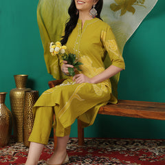 ANAISA Women Cotton Placement Print Straight Kurta with Trouser & Dupatta