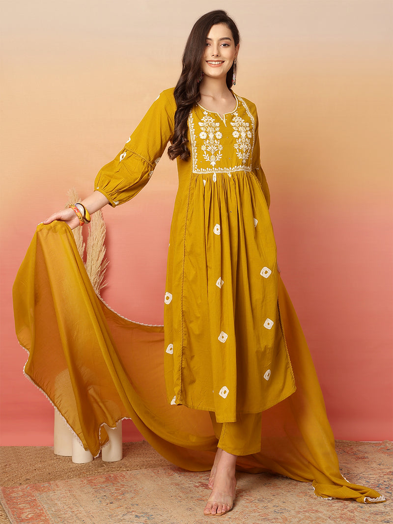 Women Cotton Mustard Embroidery Anarkali Kurta with Trouser & Dupatta