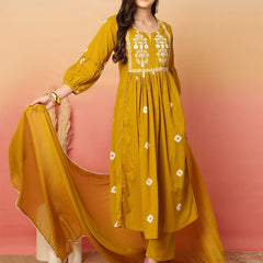 Women Cotton Mustard Embroidery Anarkali Kurta with Trouser & Dupatta