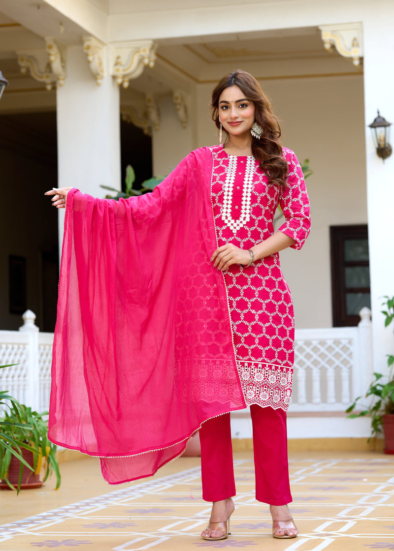 ANAISA Women cotton Schiffli embroidered Kurta with Trouser & Dupatta