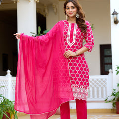 ANAISA Women cotton Schiffli embroidered Kurta with Trouser & Dupatta