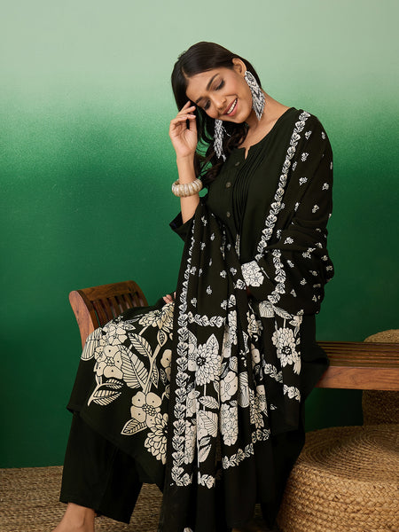 Women Black Pintex Kurta With Trouser & Dupatta