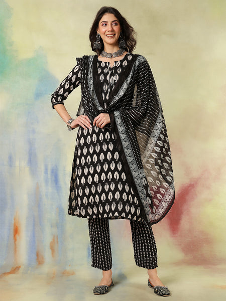 Women Black Viscose Rayon Discharge Printed Kurta With Trouser & Dupatta