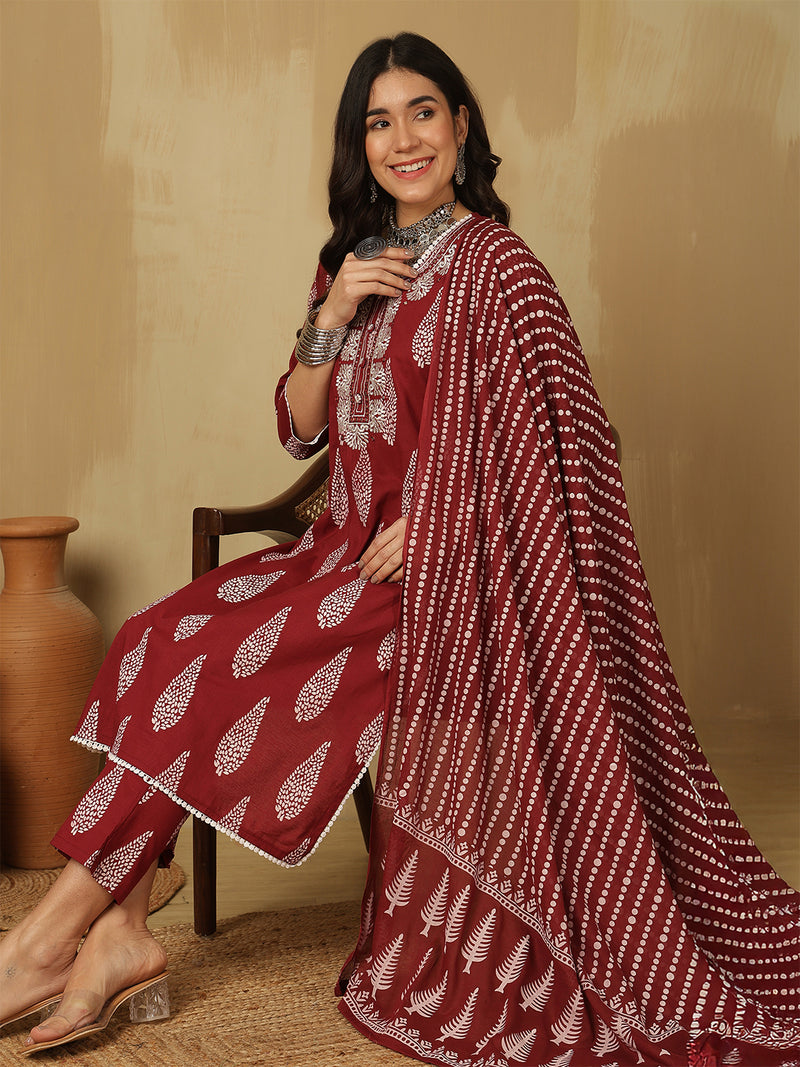 Women Wine Regular Wear Kurta With Trouser & Dupatta