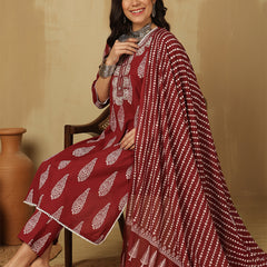 Women Wine Regular Wear Kurta With Trouser & Dupatta