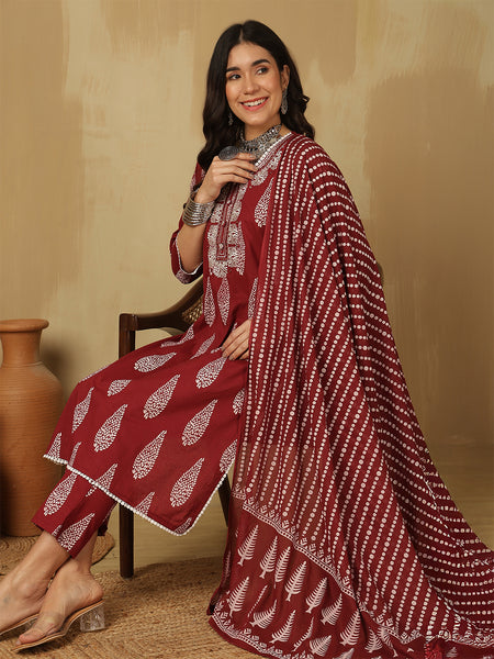 Women Wine Regular Wear Kurta With Trouser & Dupatta