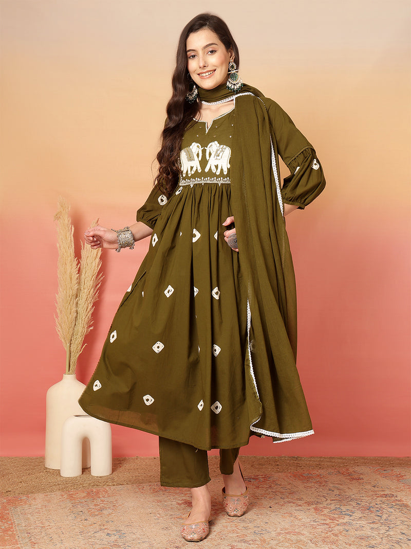 Women Cotton Olive Green Embroidery Anarkali Kurta with Trouser & Dupatta