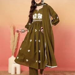 Women Cotton Olive Green Embroidery Anarkali Kurta with Trouser & Dupatta