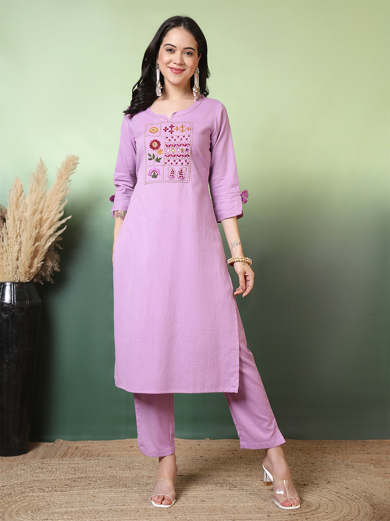 Women Lavender Cotton Flex Hand Work Kurta with Trouser Set