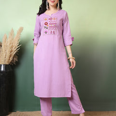 Women Lavender Cotton Flex Hand Work Kurta with Trouser Set