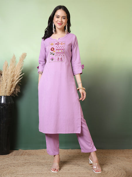 Women Lavender Cotton Flex Hand Work Kurta with Trouser Set