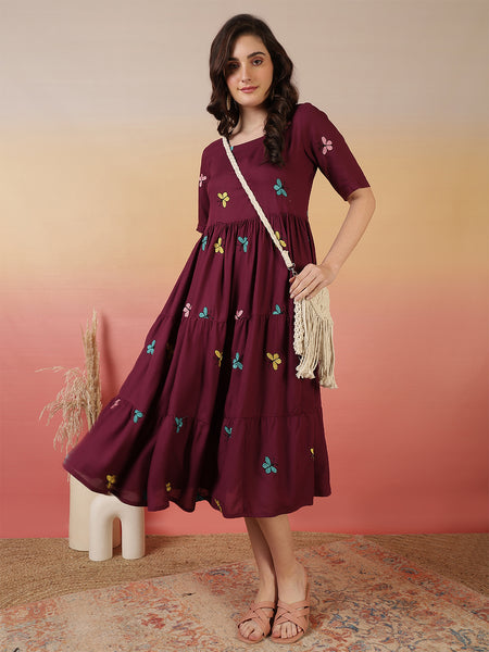 Women Wine Cotton Embroidery Fit And Flare Dress