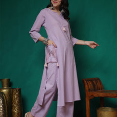 Women Lavender Cotton Flex Pocket Embroidery Kurta with Trouser Set