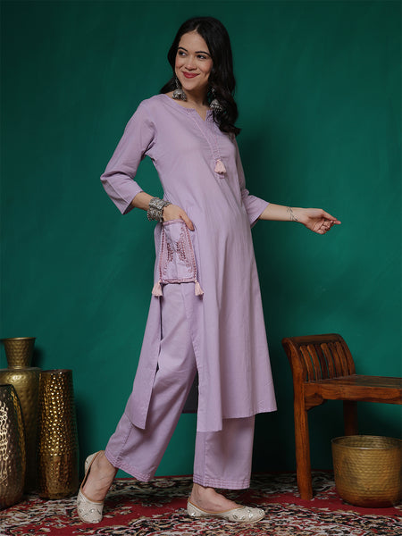 Women Lavender Cotton Flex Pocket Embroidery Kurta with Trouser Set