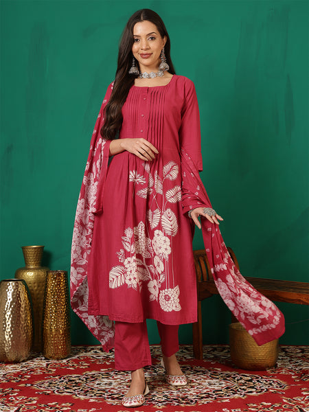 Women Rani Pink Cotton Discharge Printed A-line Kurta With Dupatta