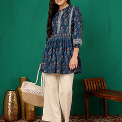 ANAISA Women Cotton Blue Printed Fit & Flare Summer Top