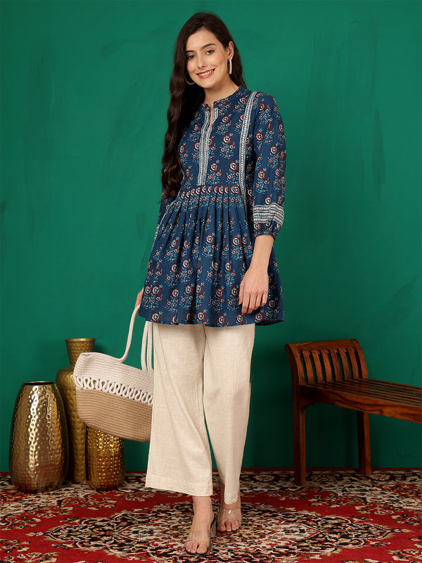 ANAISA Women Cotton Blue Printed Fit & Flare Summer Top