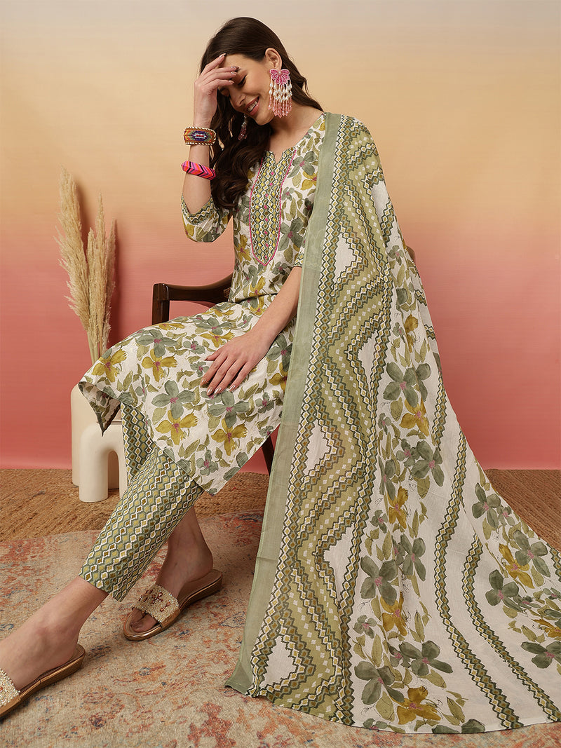 Women Olive Green Printed Yoke Embroidery Kurta with Trouser & Dupatta