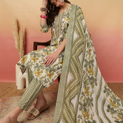 Women Olive Green Printed Yoke Embroidery Kurta with Trouser & Dupatta