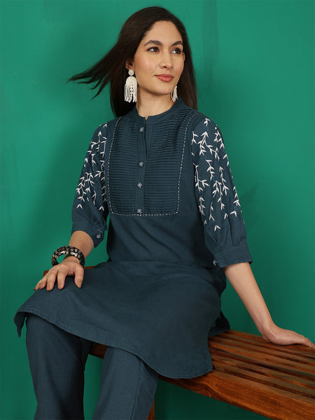 Women Navy Blue Solid Embroidery Cotton Flex Kurta with Trouser